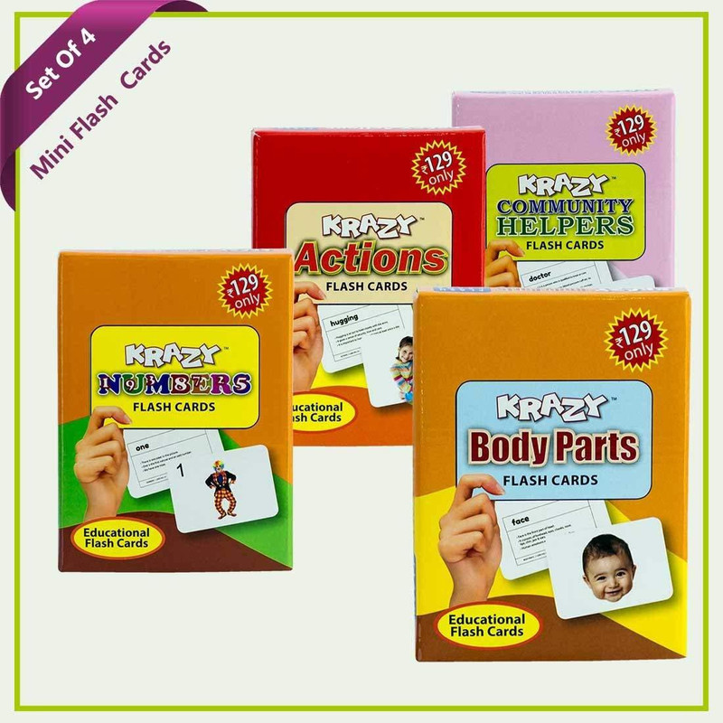 krazy Combo Mini Set of 4 Flash Cards (Numbers+Actions+Community Helpers +Body Parts)(white)