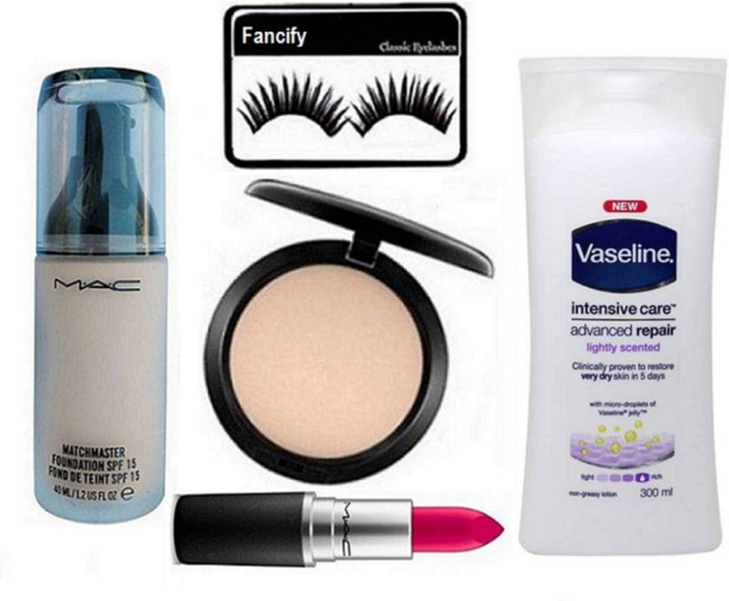 fancify combo Eyelashes & Match Master Foundation SPF15,Studio Fix Compact,Lipstick & Intensive Care Advanced Repair Body lotion(set of 5).(Set of 5)