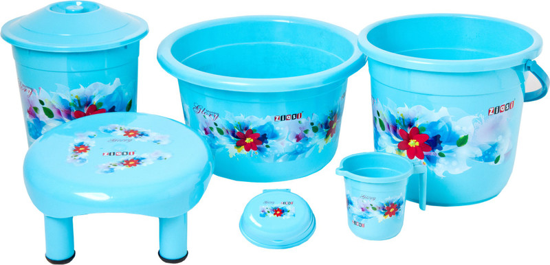 ziasi Present High quality product with Flower printed Bathroom Accessories 6 Pcs Set Blue(Balti 16.0 ltr, 18 L Plastic Bucket, Round Waste Container with Lid 11.0 Ltr, Mug 1 ltr, Soap Dish, Comfort Stool) 46 L Plastic Bucket(Blue)