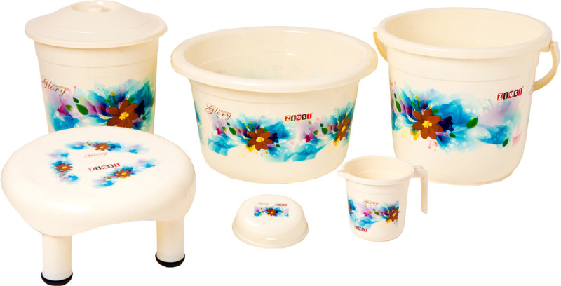 ziasi Present High quality product with Flower printed Bathroom Accessories 6 Pcs Set Cream (Balti 16.0 ltr, 18 L Plastic Bucket, Round Waste Container with Lid 11.0 Ltr, Mug 1 ltr, Soap Dish, Comfort Stool) 46 L Plastic Bucket(White)