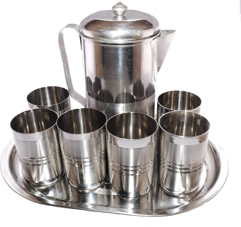 yes kitchen Set of 1 Stainless Steel Jug (1500 ml) & 6 Stainless Steel Glasses (250 ml) || with Oval Serving Tray Jug Glass Tray Set(Stainless Steel)