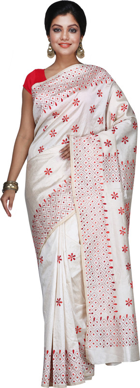 3stones Self Design Daily Wear Handloom Art Silk Saree(White)