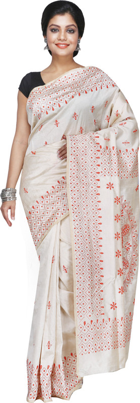 3stones Embroidered Daily Wear Handloom Art Silk Saree(White)