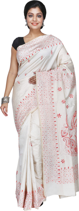 3stones Self Design Katha Handloom Art Silk Saree(White)
