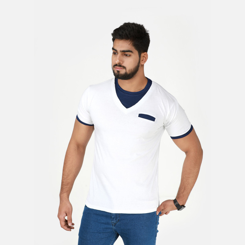 campus bunny Color Block Men V Neck White T-Shirt
