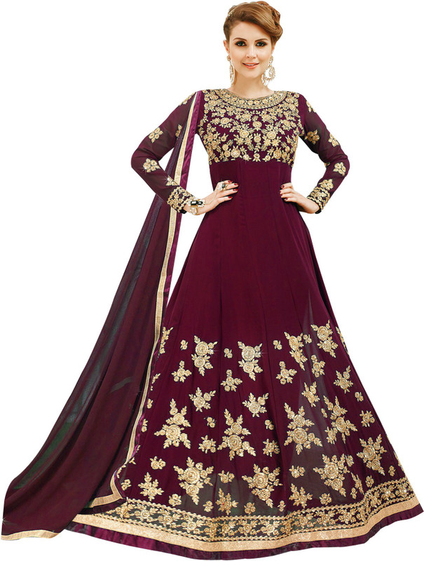 colourfullbutton Poly Georgette Embroidered Gown/Anarkali Kurta & Bottom Material(Unstitched)