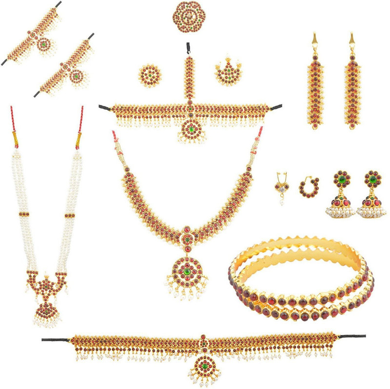 bharatanatyam jewellery Brass Jewel Set(Red, Green, White)