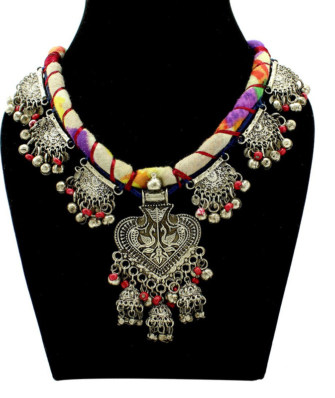 fashionly Oxidised Alloy Cloth Chain Peacock Antic Black Silver Plated Alloy, Fabric Necklace