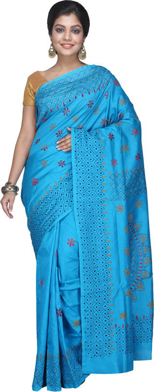 3stones Embroidered Katha Art Silk Saree(Light Blue)