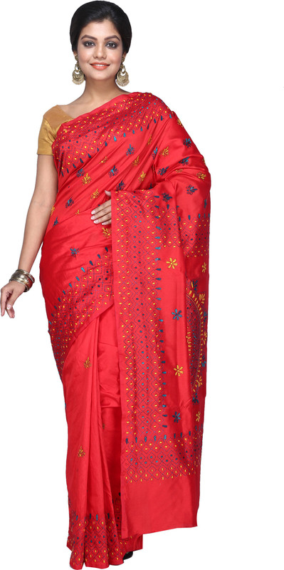3stones Embroidered Katha Handloom Art Silk Saree(Red)