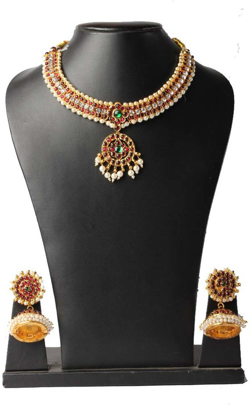 bharatanatyam jewellery Brass Jewel Set(Green, White, Maroon)