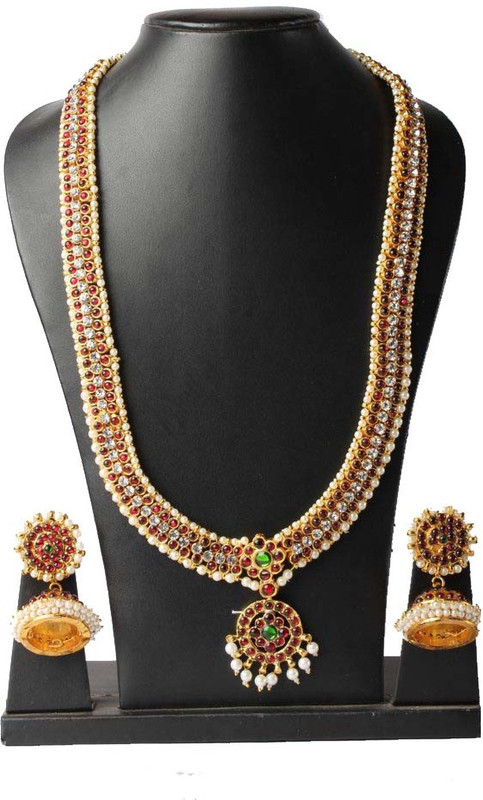 bharatanatyam jewellery Brass Jewel Set(Red, White, Green)