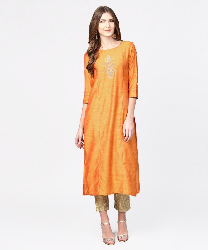 Jaipur Kurti Women Self Design, Embroidered Straight Kurta(Orange)