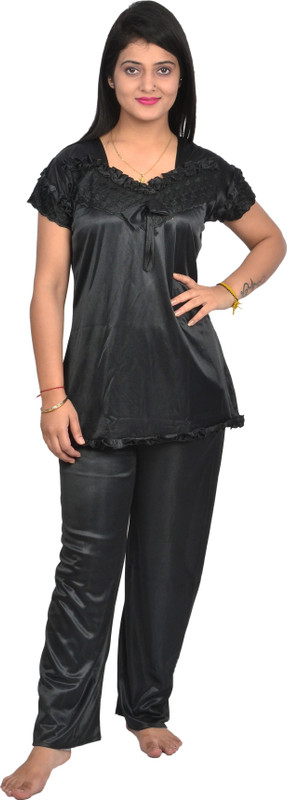 hex rex Girls Solid Black Top & Pyjama Set