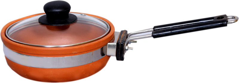 paramhans Terracotta Clay Fry Pan Small Glass Lid - 1 Ltr Fry Pan 13.5 cm diameter with Lid(Earthenware)