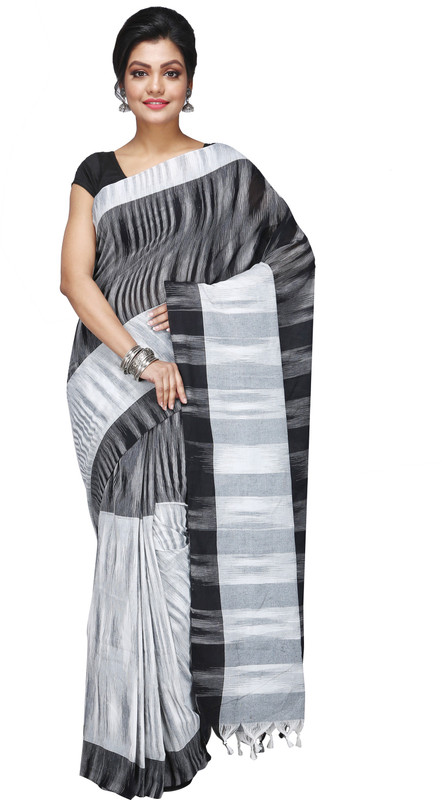 3stones Self Design Daily Wear Handloom Cotton Blend Saree(Black, White)