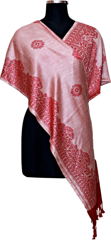 weavecrafts Cotton Viscose Blend Woven Women Shawl(Red, Silver)