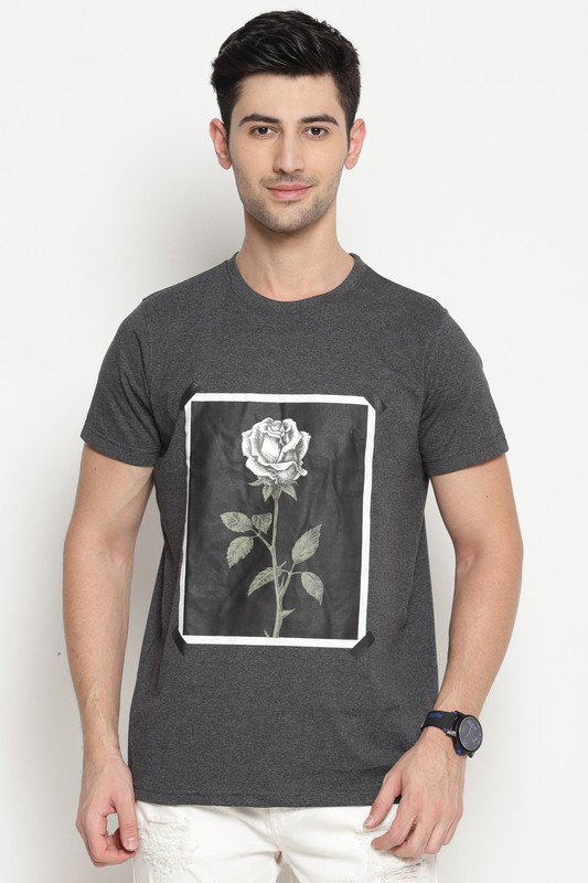 littleroot Printed Men Round Neck Grey T-Shirt