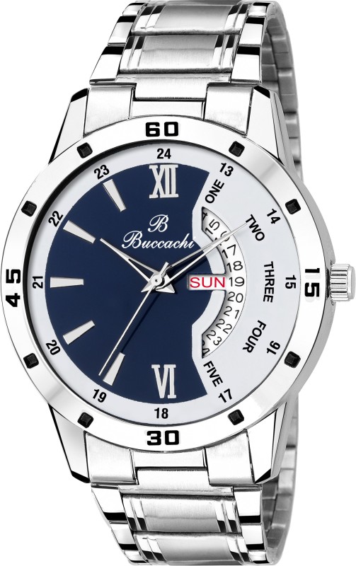 Buccachi B-GR5046-BWH-CH White & Blue Dial Day & Date Functioning Water Resistant Stainless Steel Bracelet Watch for Men/Boys Hybrid Smartwatch Watch  - For Men