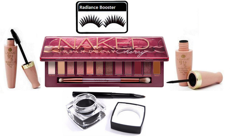 radiance booster Eyelashes & Cherry Eyeshadow Palette & Water Proof Eyeliner+Mascara & Fluid line Gel Eyeliner(5 Items in the set)