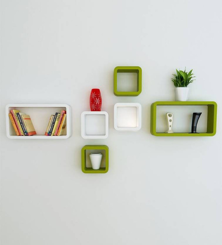 khan handicrsfts WOODEN WALL SHELF CUBE SHELF MDF (Medium Density Fiber) Wall Shelf(Number of Shelves - 6, Green, White)