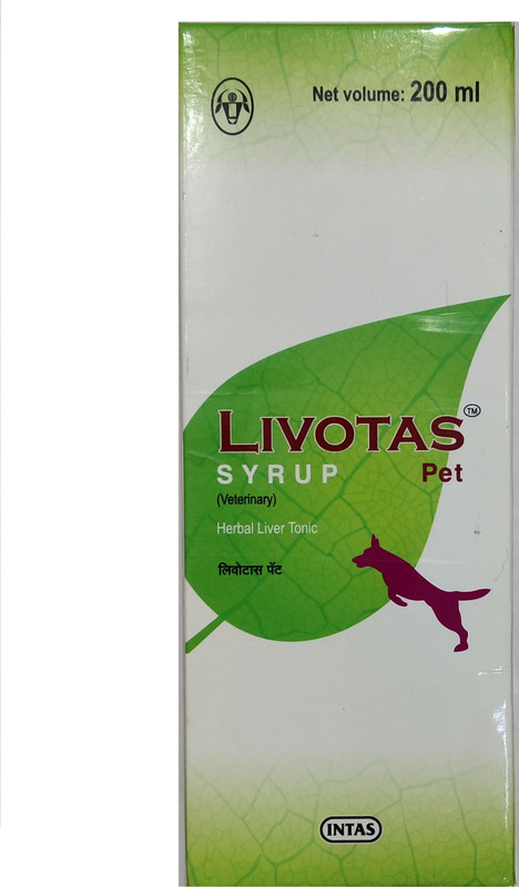 intas LIVOTAS syrup Herbal liver Tonic 200 ml , for vitamins , healthy growth , calcium , energy , minerals , management of important viral or bacterial infections , Improve overall performance in debility, post-deworming and convalescence period . Pet Health Supplements(200 ml)