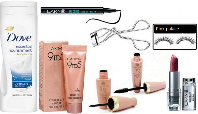 pink palace eyelashes, dove essential nourishment deep care complex body lotion , lakme 9 to 5 mousse foundation, 9 to 5 eyeliner & mascara , enrich lipstick with eyelash curler with eye conic pen eyeliner (Set of 8)(8 Items in the set)