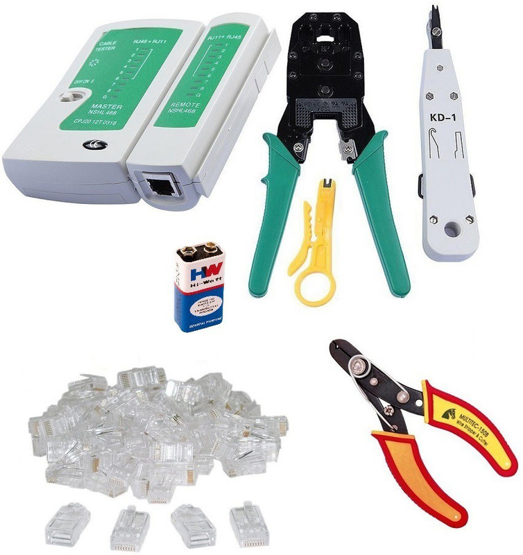 ZCS Rj45 Rj11 Crimping, Multitec cutter, KD-1 Professional Punch Down Tool, Network Lan Cable Tester, 9V battery and 25 Pcs Connectors Combo Set(Multicolor)