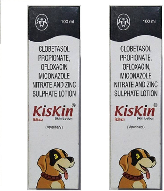 intas Kiskin skin lotion (veterinary) 100 ml Pack of 2 CLOBETASOL PROPIONATE , OFLOXCIN , MICONAZOLE NITRATE AND ZINC SULPHATE LOTION for Allergy Relief , Anti-dandruff , Anti-fungal , Anti-itching , Anti-microbial , Anti-parasitic , Flea and Tick , Hypoallergenic 100 ml Pet Coat Cleanser(Suitable F