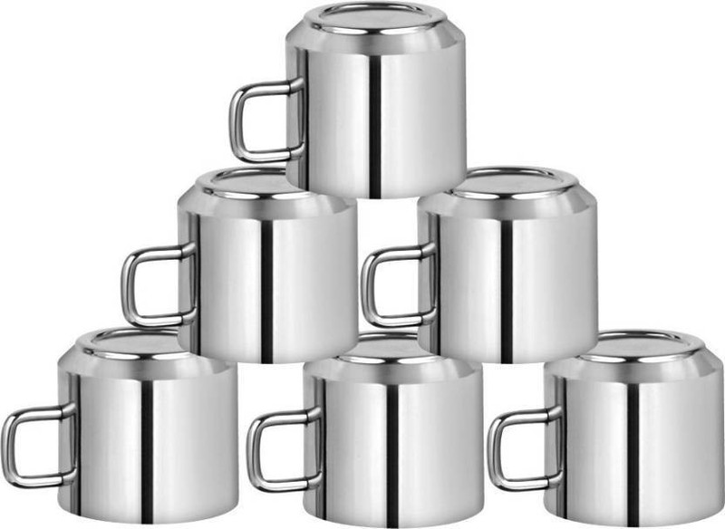 yes kitchen Stainless Steel Heavy Gauge Double Walled Tea/Coffee Cup Set of 6 Plain Tip Top Stainless Steel(Silver, Pack of 6)