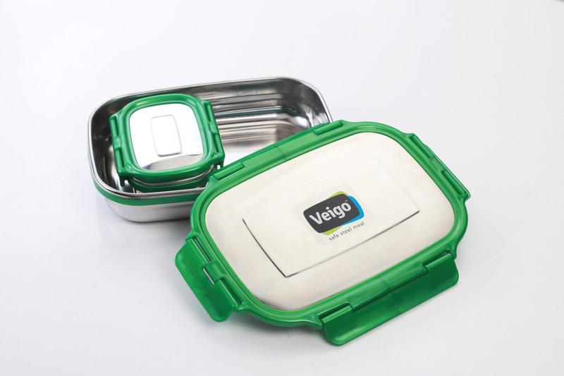 veigo Lock N Steel 100% Air Tight 2 Pcs Jumbo and Small Containers (Pearl Green) 2 Containers Lunch Box(720 ml)