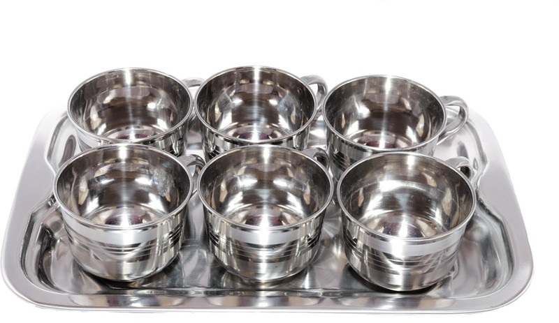 yes kitchen Deluxe Stainless Steel Tea and Coffee Cups 60 ml with Serving Tray - Set of 6 Cup, Tray Serving Set(Pack of 7)