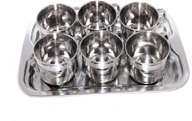 yes kitchen Deluxe Stainless Steel Tea and Coffee Cups 100 ml with Serving Tray - Set of 6 Cup, Tray Serving Set(Pack of 7)