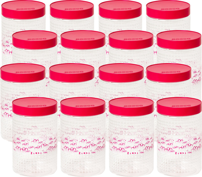ziasi Present Storage Round Jar Red leaf Printed set of 16 (1000x16)ml  - 16 L Plastic Fridge Container, Spice Container, Tea Coffee & Sugar Container(Pack of 16, Red)