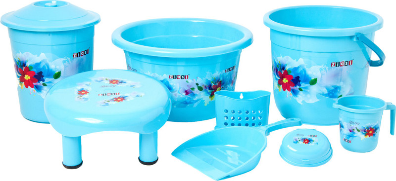 ziasi Present High quality product with leaf printed Bathroom Accessories 8 Pcs Set Blue(Balti 16.0 ltr, 18 L Plastic Bucket, Round Waste Container with Lid 11.0 Ltr, Mug 1 ltr, Soap Dish, Comfort Stool, Dust pan, Cutlery stand) 46 L Plastic Bucket(White)