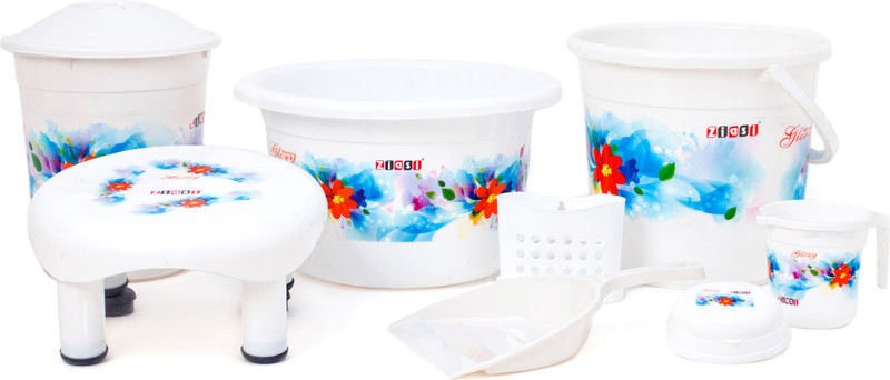 ziasi Present High quality product with Flower printed Bathroom Accessories 8 Pcs Set White (Balti 16.0 ltr, 18 L Plastic Bucket, Round Waste Container with Lid 11.0 Ltr, Mug 1 ltr, Soap Dish, Comfort Stool, Dust pan, Cutlery stand) 46 L Plastic Bucket(White)