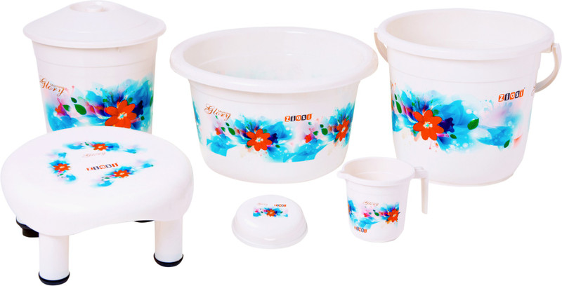 ziasi Present High quality product with Flower printed Bathroom Accessories 6 Pcs Set White (Balti 16.0 ltr, 18 L Plastic Bucket, Round Waste Container with Lid 11.0 Ltr, Mug 1 ltr, Soap Dish, Comfort Stool) 46 L Plastic Bucket(White)