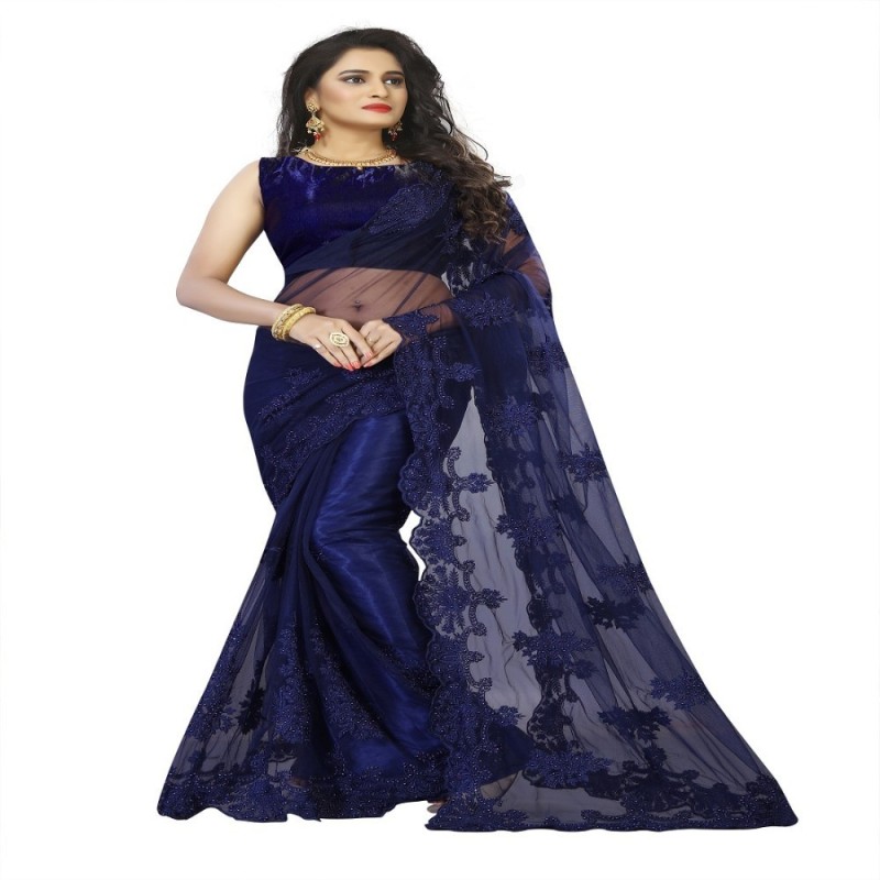 Availkart Embroidered Bollywood Cotton Blend Saree(Dark Blue)