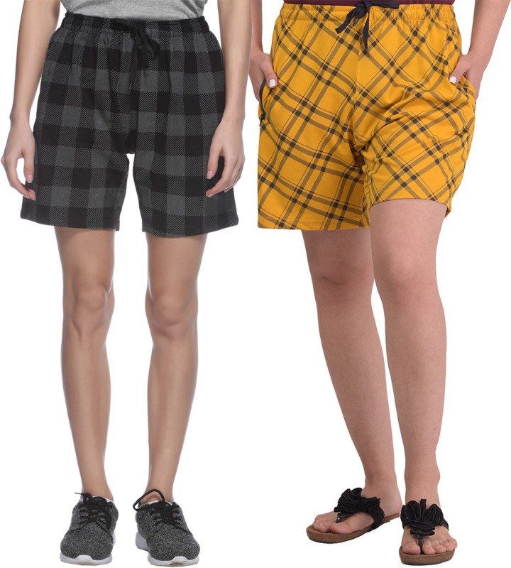 69GAL Checkered Women Black, Yellow Regular Shorts