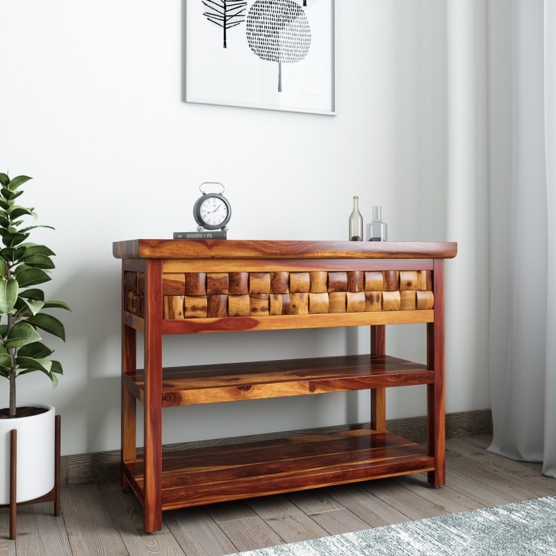 Home Edge Weave Sheesham Solid Wood Console Table(Finish Color - Teak)