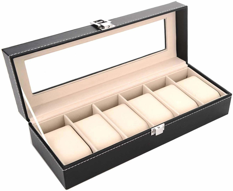 Kurtzy Wrist Watch Storage Box Display Case Organizer of Faux Leather Finish with Glass Window 6 Slot 30x8x11 CM Watch Box(Brown, Holds 6 Watches)