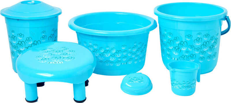 ziasi Present High quality product with leaf printed Bathroom Accessories 6 Pcs Set Blue(Balti 16.0 ltr, 18 L Plastic Bucket, Round Waste Container with Lid 11.0 Ltr, Mug 1 ltr, Soap Dish, Comfort Stool) 46 L Plastic Bucket(Blue)
