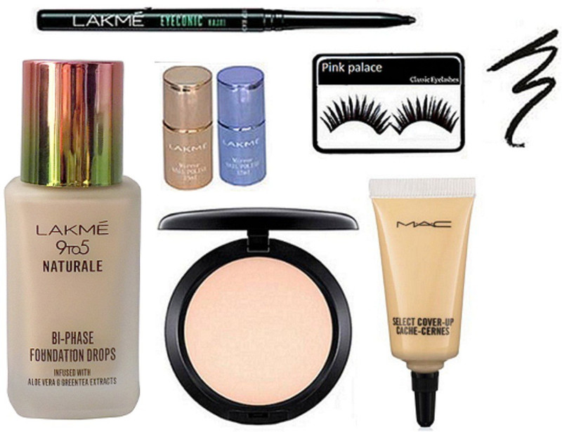 pink palace Eyelashes, select cover up concealer, compact, naturale foundation, mirror nail paint pack of 2, pen eyeliner(Set of 7)