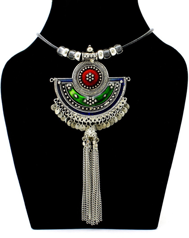 fashionly Oxidised Alloy and leather Multicolor Meena With Hanging Chain Crystal Leather, Alloy Necklace