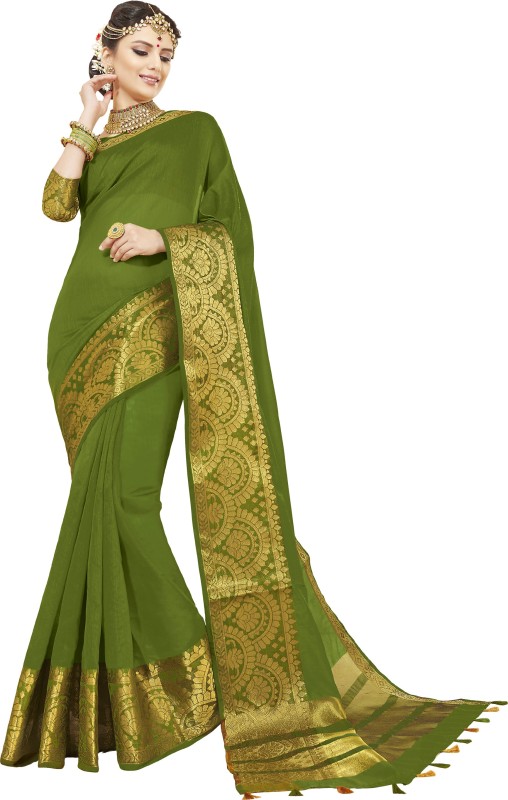 Pisara Self Design Chanderi Cotton Silk Saree(Green)