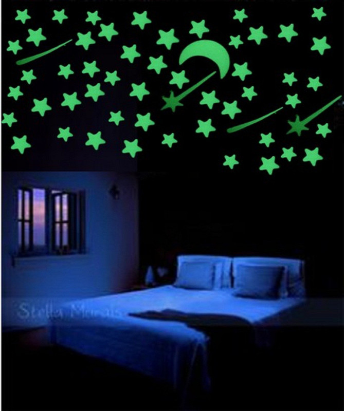 creative kraft Medium Star, moon & falling star Night Glow Self Adhesive Wall Stickers  Sticker(Pack of 2)