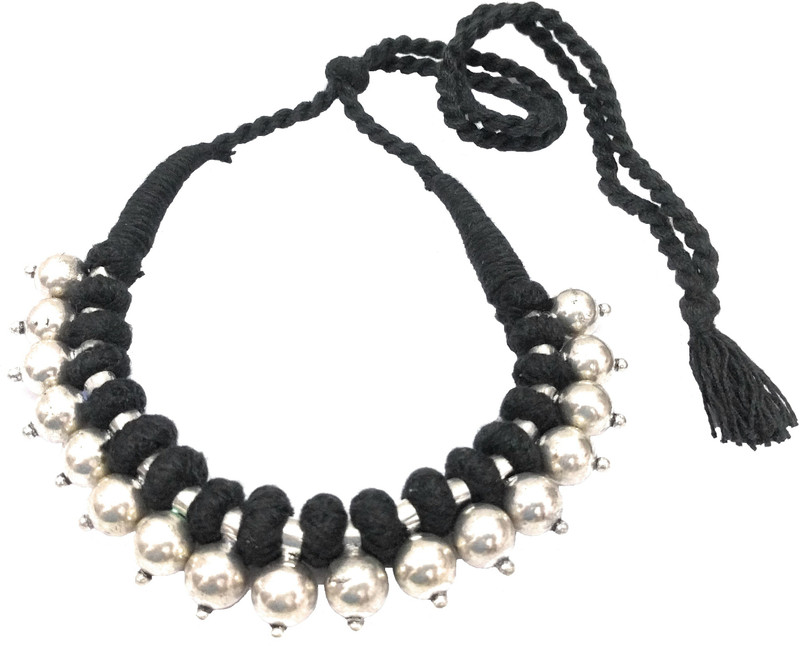 athizay Tribal Necklace Black Thread Jewellery Round Metal Oxidised Silver Beads Intertwined An ultimate Neck Piece Metal, Cotton Dori Choker