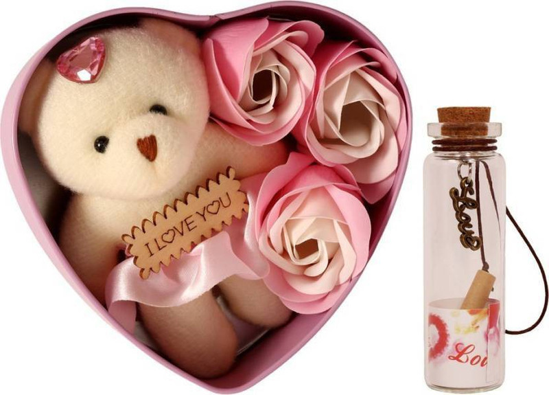white hat Soft Toy, Message Pills, Artificial Flower Gift Set