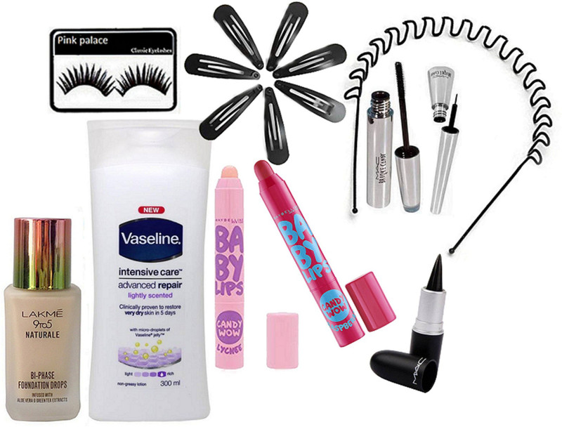 pink palace Eyelashes, Naturale foundation, intensive care advanced repair body lotion, kajal, eyeliner, mascara, hair band, hair clips pack of 7, candy wow lip balm pack of 2(16 Items in the set)