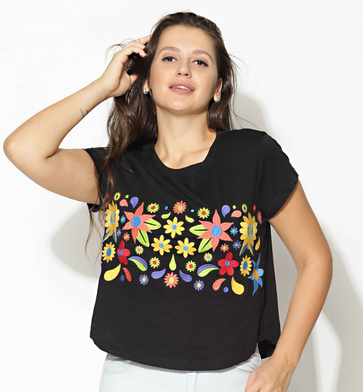 littleroot Embroidered Women Round Neck Black T-Shirt